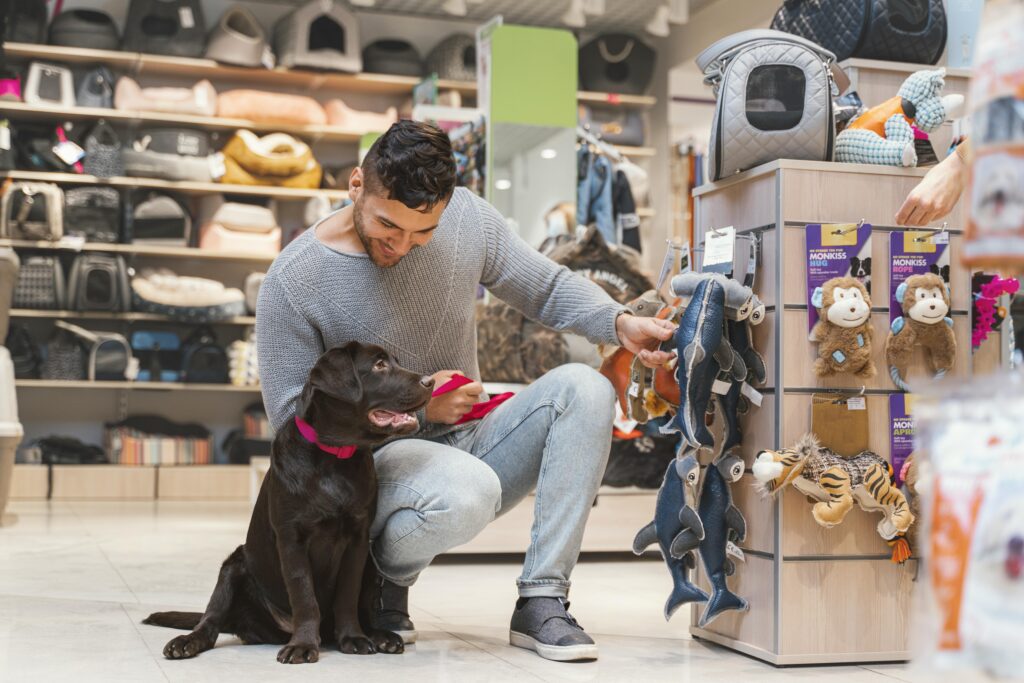 cute dog with owner pet shop